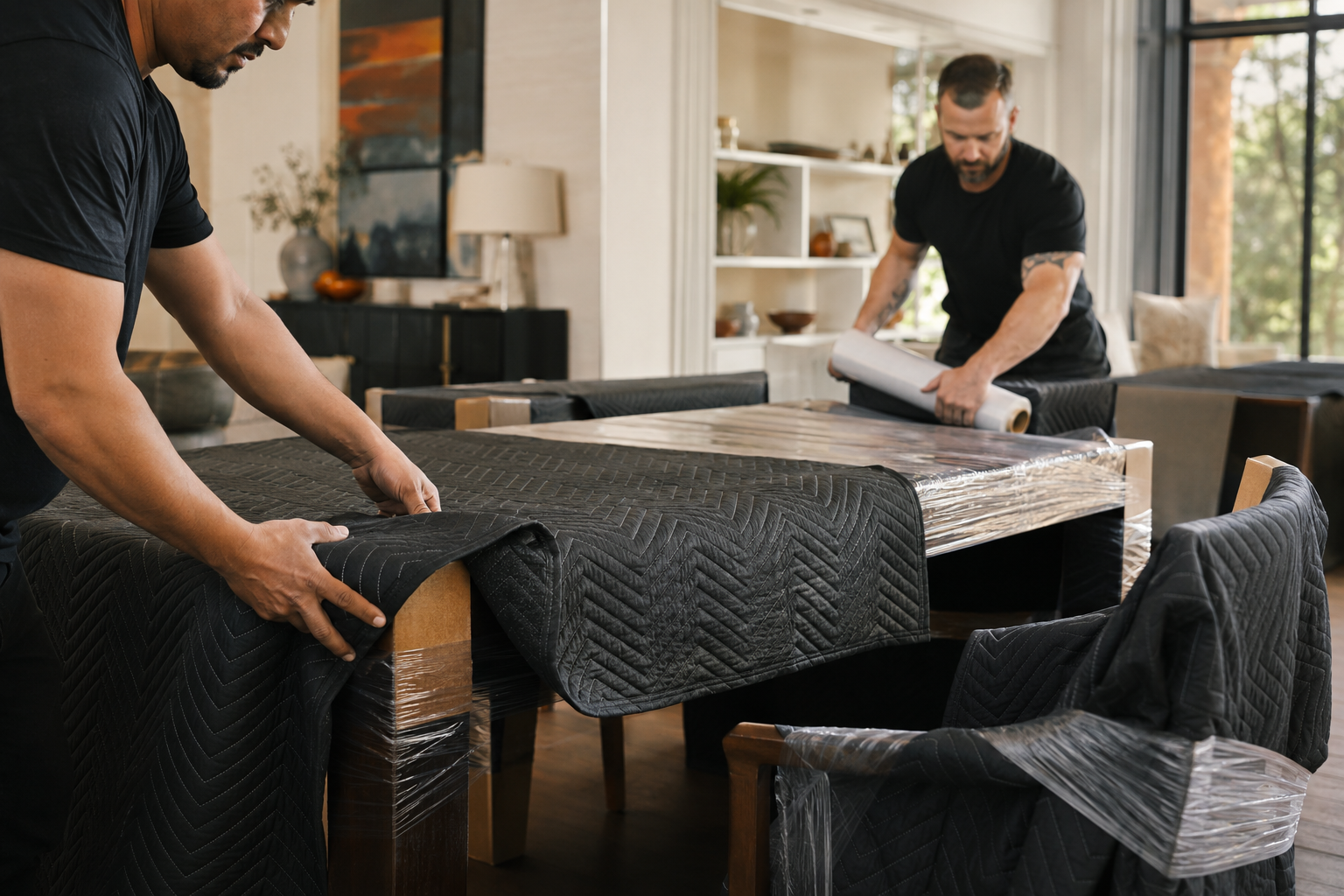 Movers protecting furniture with moving blankets and wrap
