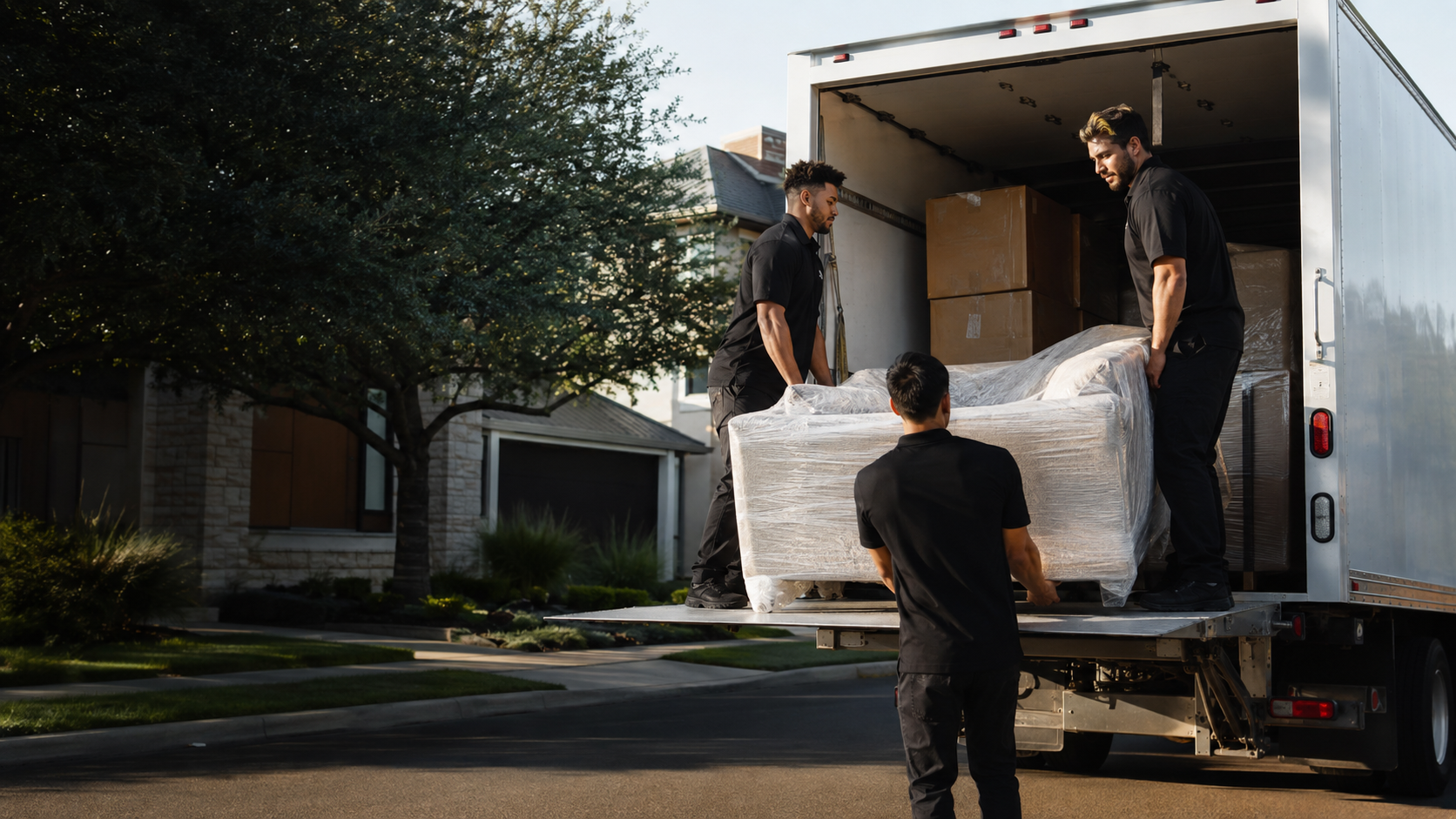Professional movers loading protected furniture into a moving truck